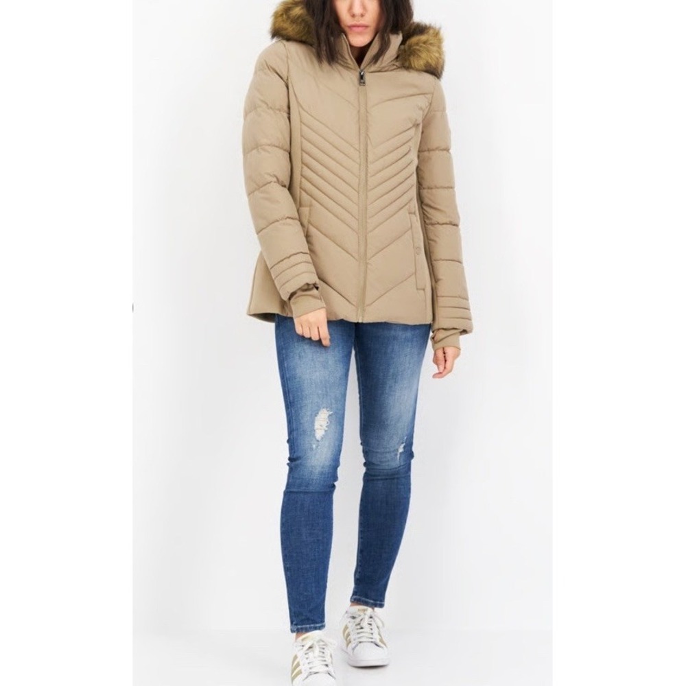London Fog - Women's Chevron Puffer Coat (3X) - Faux Fur Hood‎ Warm Jacket